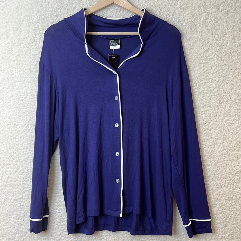 NWT Felina Womens Soft Blue Stretch Piped Collar Pajama Top SMALL